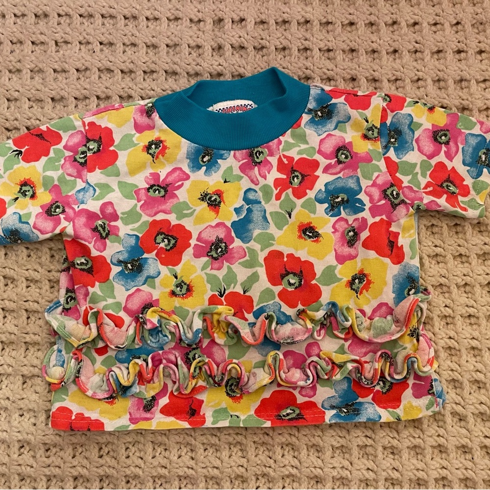 Neon Vtg 70s Lightning Bug Tag Ruffle Floral Little Kids Short Sleeve Crop Top